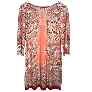 LONDON TIMES Dress Shift Boat Neck 3/4 Sleeve Paisley Print Midi Boho Size 4